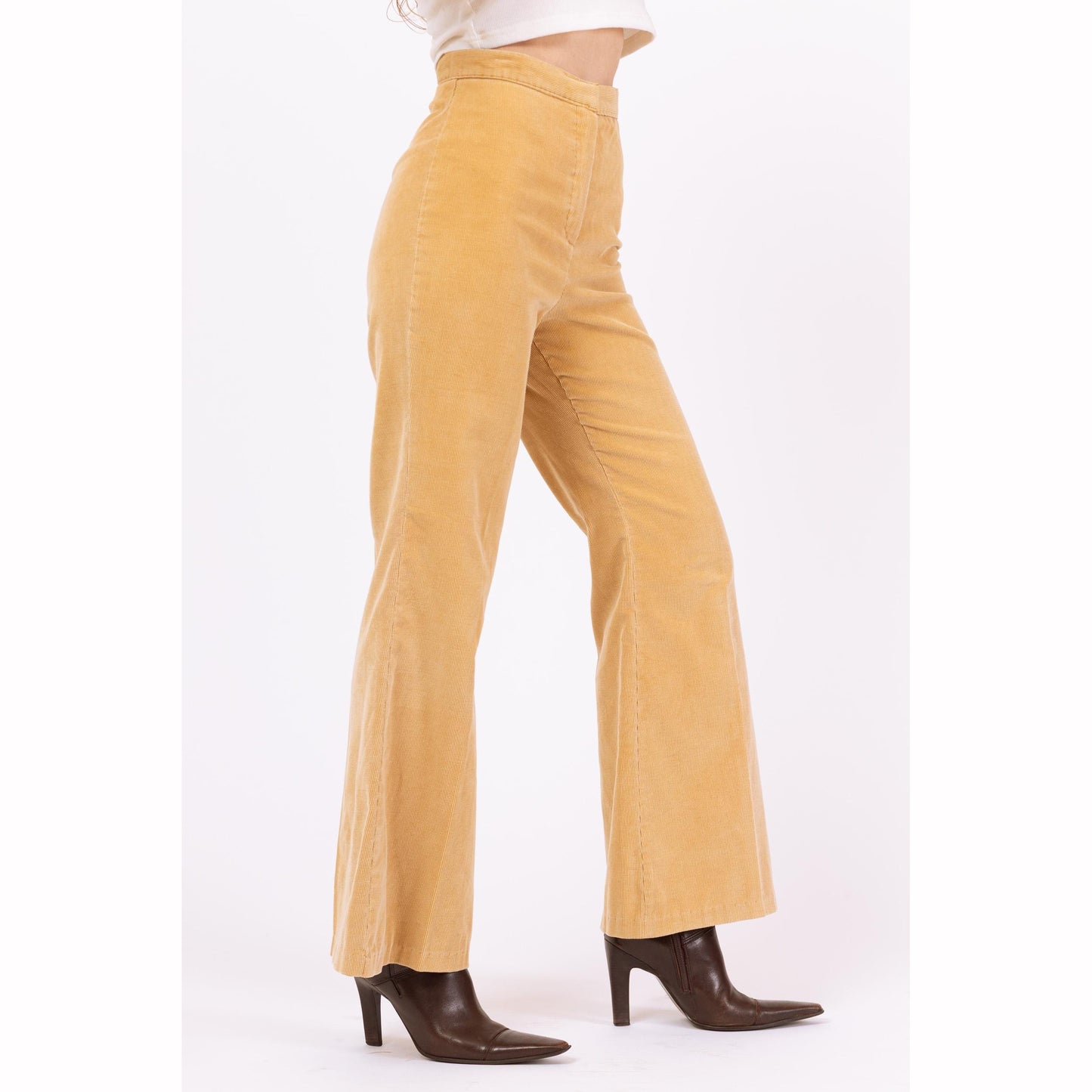 Vintage 70s Tan Corduroy Flare Pants - Petite XS, 24” Waist | High Waisted Bell Bottoms, Boho Retro Flared Leg Trousers