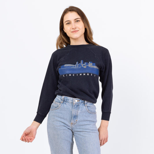 Vintage 80s Cincinnati Ohio City Skyline Tourist Sweatshirt - XXS | Vintage Raglan Sleeve Graphic Crewneck Pullover