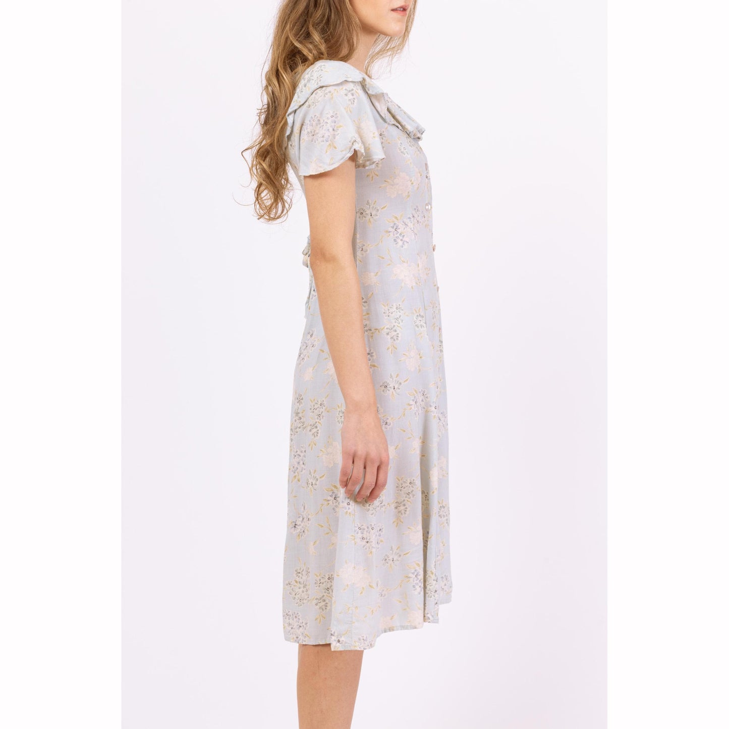 Vintage 90s Soft Pale Blue Floral Grunge Midi Dress - Petite XXS | Boho Sundress, Tie Back Button Up Flutter Sleeve Cottagecore Dress