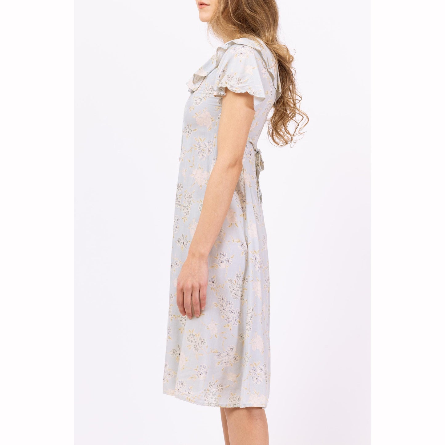 Vintage 90s Soft Pale Blue Floral Grunge Midi Dress - Petite XXS | Boho Sundress, Tie Back Button Up Flutter Sleeve Cottagecore Dress