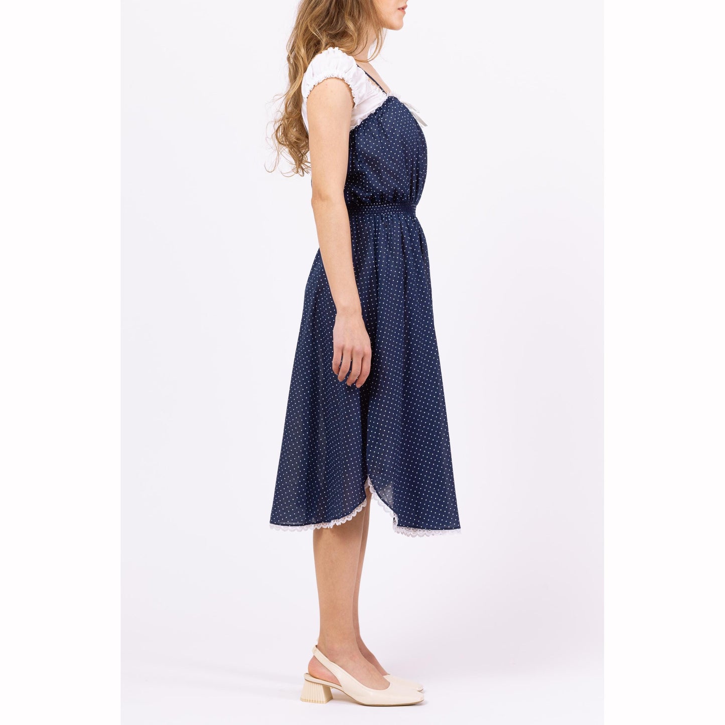 Vintage 70s Navy Blue Polka Dot Midi Sundress - Extra Small | Sleeveless Cottagecore Prairie Dress, Lace Trim Fit & Flare Retro Dress