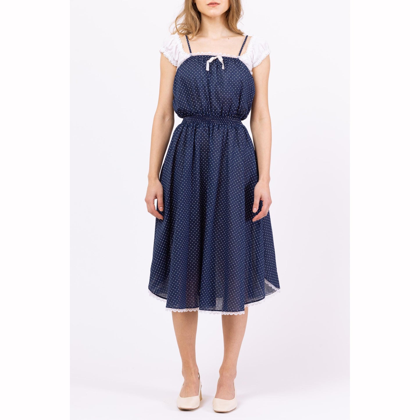 Vintage 70s Navy Blue Polka Dot Midi Sundress - Extra Small | Sleeveless Cottagecore Prairie Dress, Lace Trim Fit & Flare Retro Dress