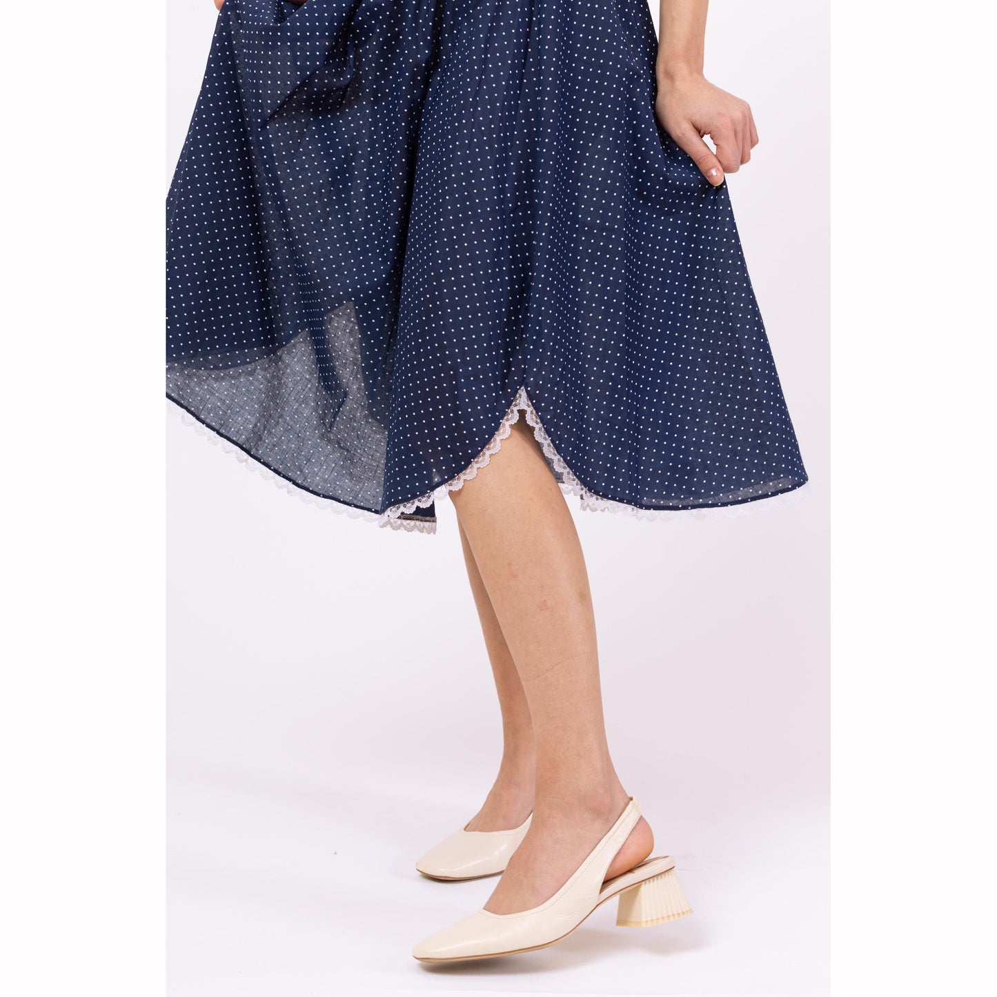 Vintage 70s Navy Blue Polka Dot Midi Sundress - Extra Small | Sleeveless Cottagecore Prairie Dress, Lace Trim Fit & Flare Retro Dress