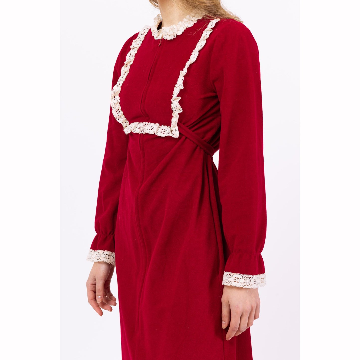 Vintage 70s Vassarette Magenta House Dress Maxi Robe - Small | Boho Lace Trim Zip Up Maxi Lounge Dress, Cottagecore Victorian Nightgown