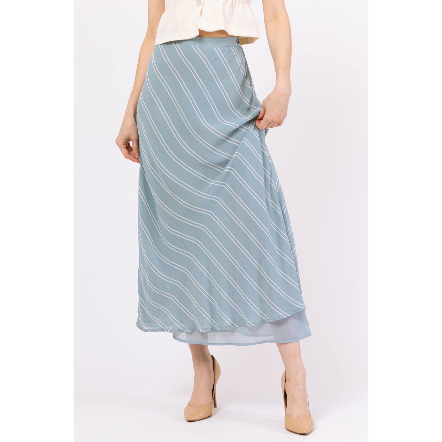 Vintage Y2K Ralph Lauren Eggshell Blue Striped Maxi Skirt - Medium, 28" Waist | Boho Soft Girl Flowy Bias Cut Long Skirt