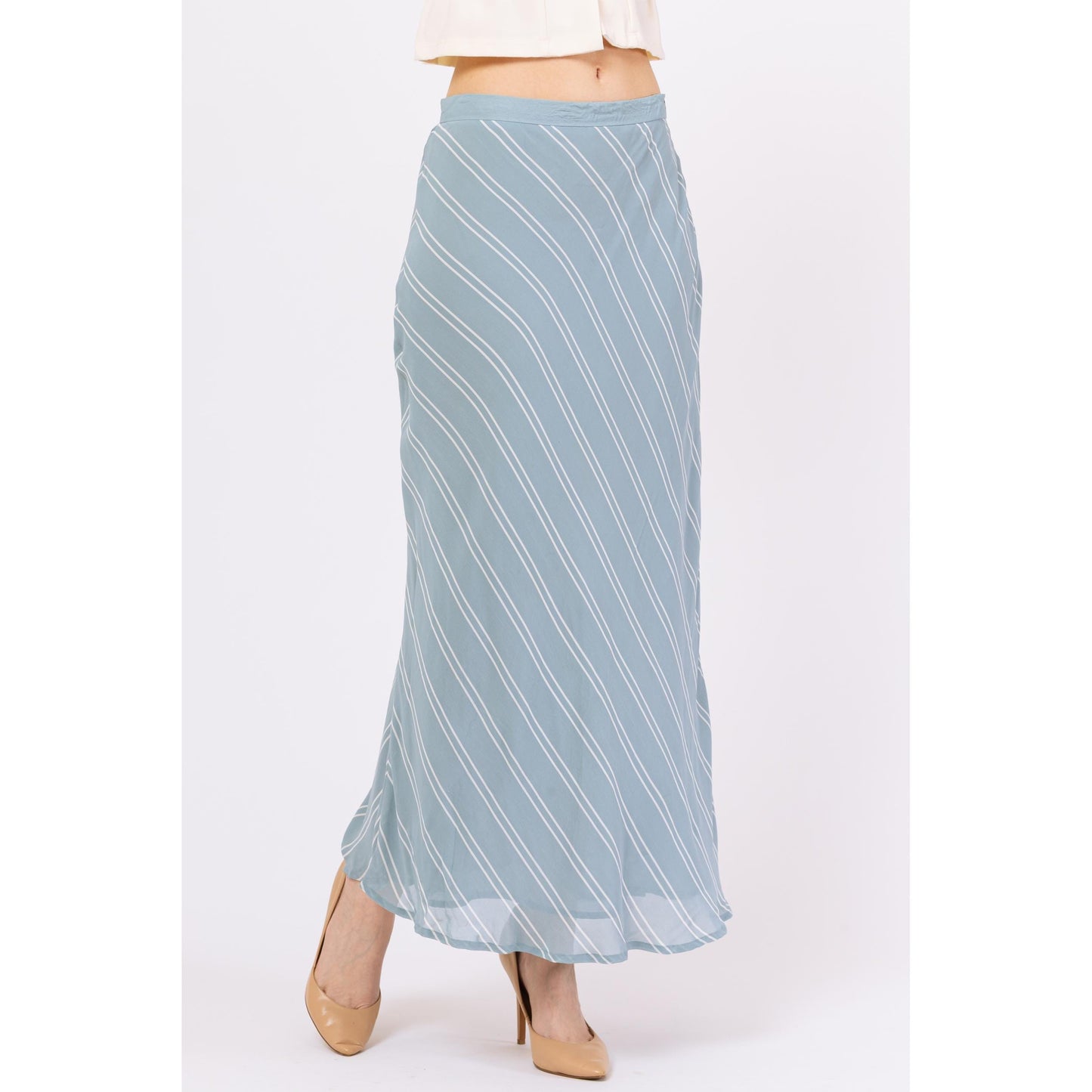 Vintage Y2K Ralph Lauren Eggshell Blue Striped Maxi Skirt - Medium, 28" Waist | Boho Soft Girl Flowy Bias Cut Long Skirt