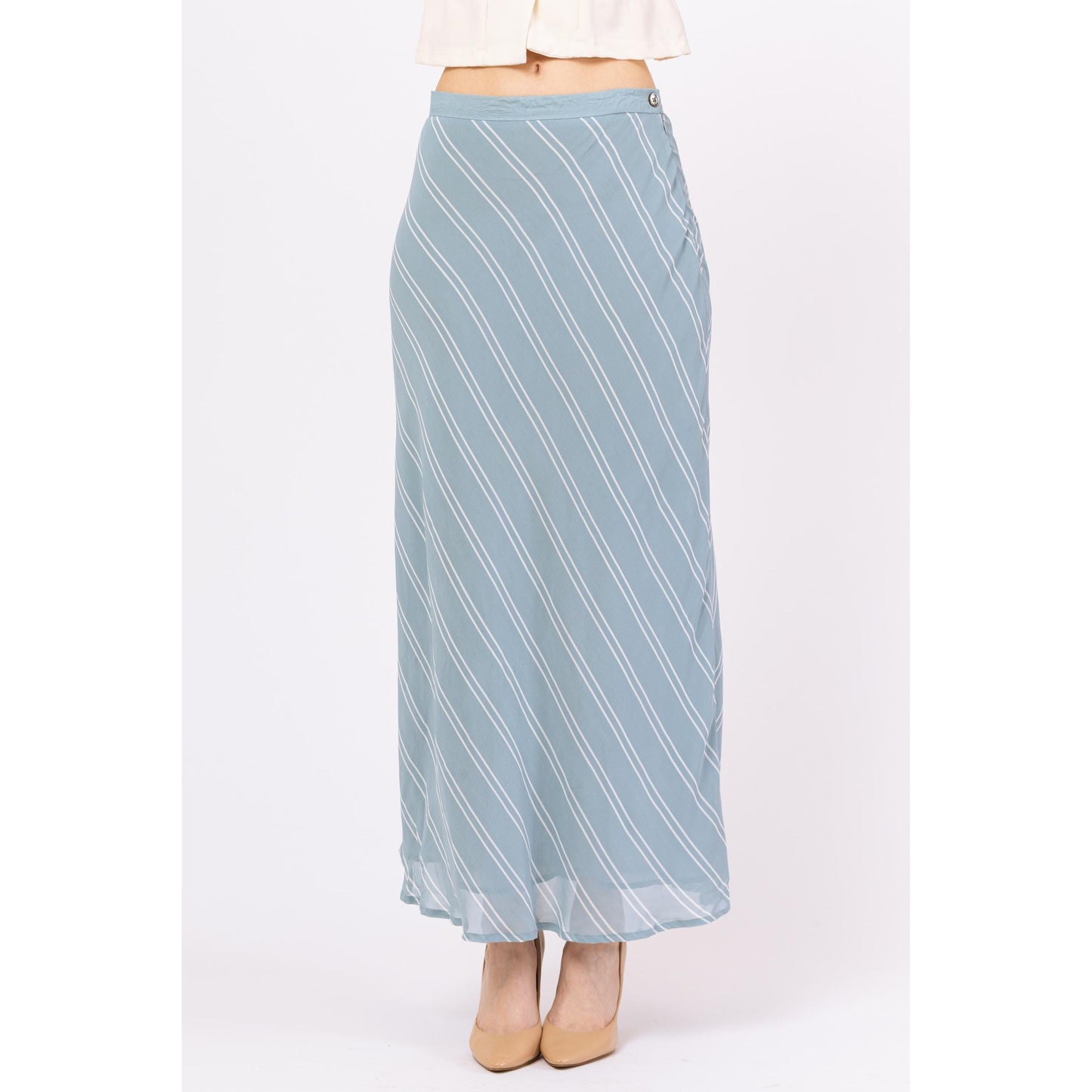 Vintage Y2K Ralph Lauren Eggshell Blue Striped Maxi Skirt - Medium, 28" Waist | Boho Soft Girl Flowy Bias Cut Long Skirt