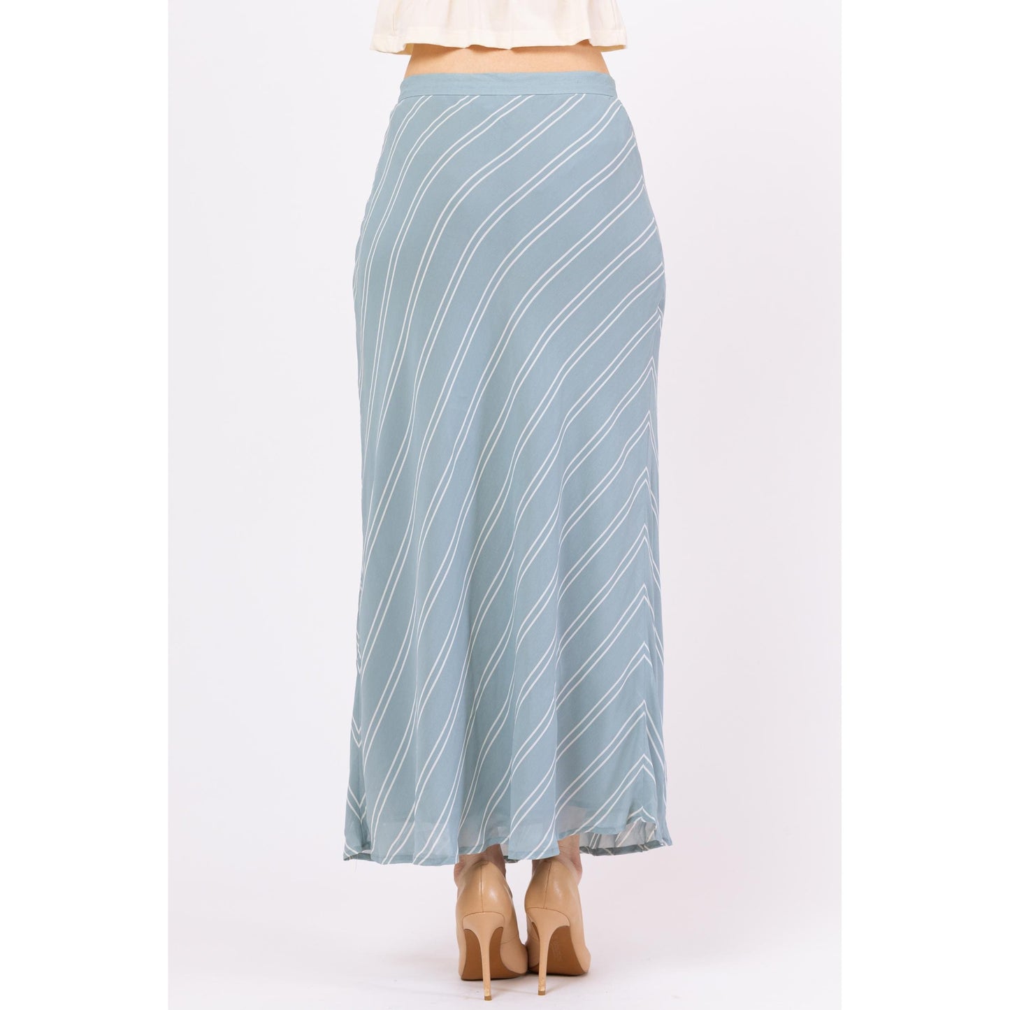 Vintage Y2K Ralph Lauren Eggshell Blue Striped Maxi Skirt - Medium, 28" Waist | Boho Soft Girl Flowy Bias Cut Long Skirt