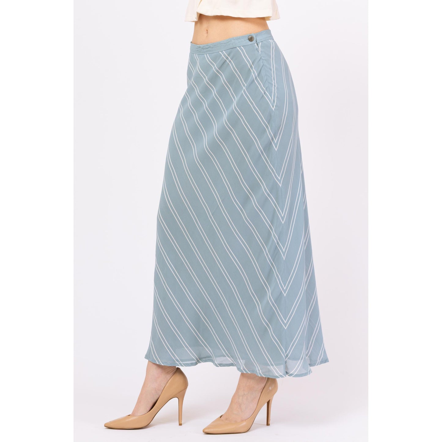 Vintage Y2K Ralph Lauren Eggshell Blue Striped Maxi Skirt - Medium, 28" Waist | Boho Soft Girl Flowy Bias Cut Long Skirt