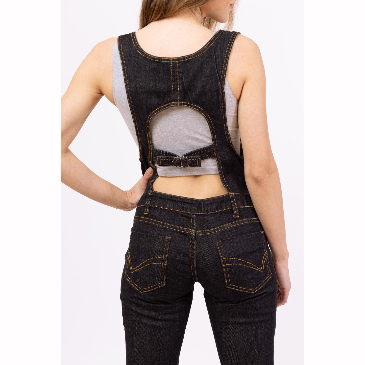 Vintage Y2K Dark Wash Skinny Jean Overalls - Extra Small | Indie Sleaze Denim Pinafore Open Back Jumpsuit