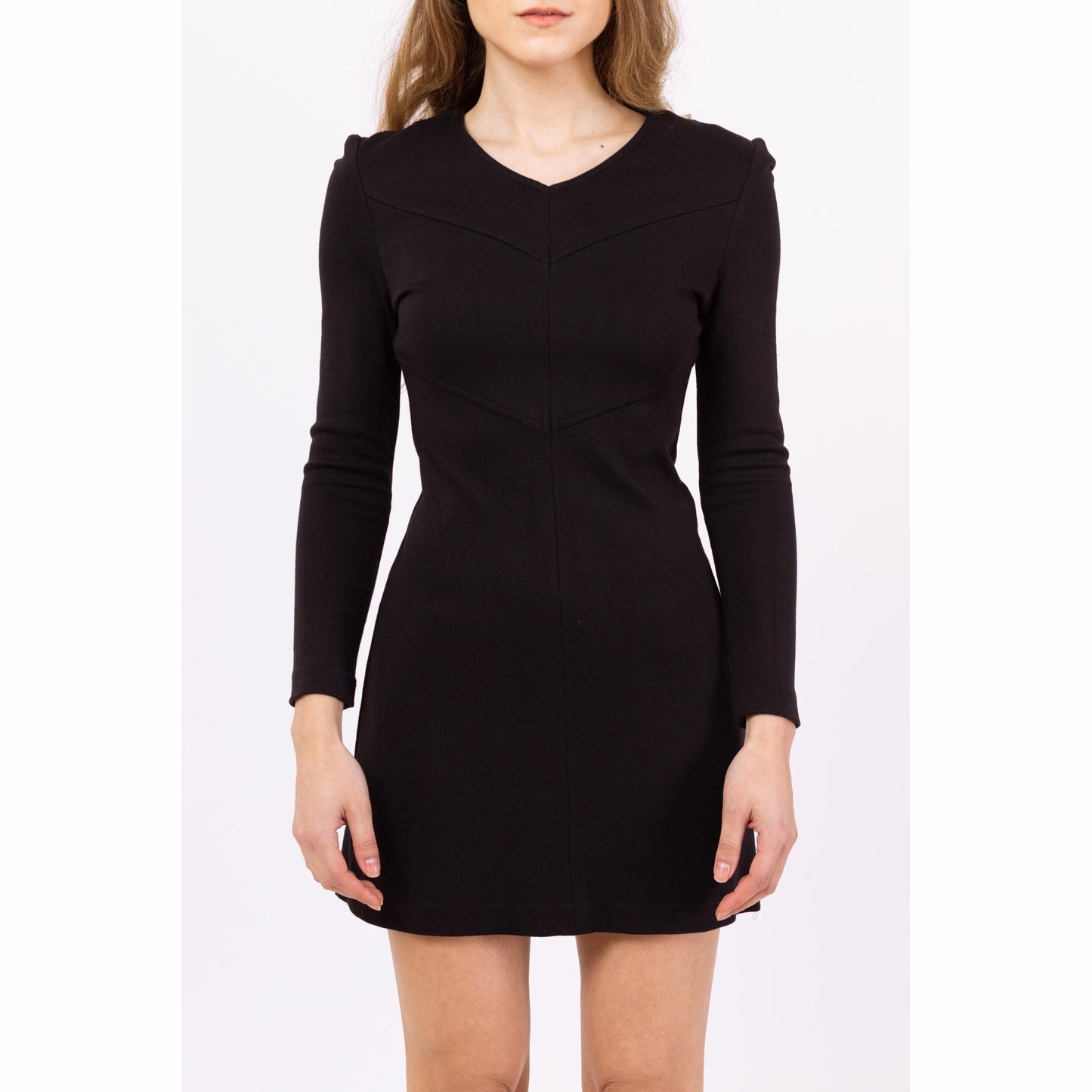 Vintage 90s Black Jersey Knit Mini Dress - Petite XS | Long Sleeve A Line Cocktail Party Dress