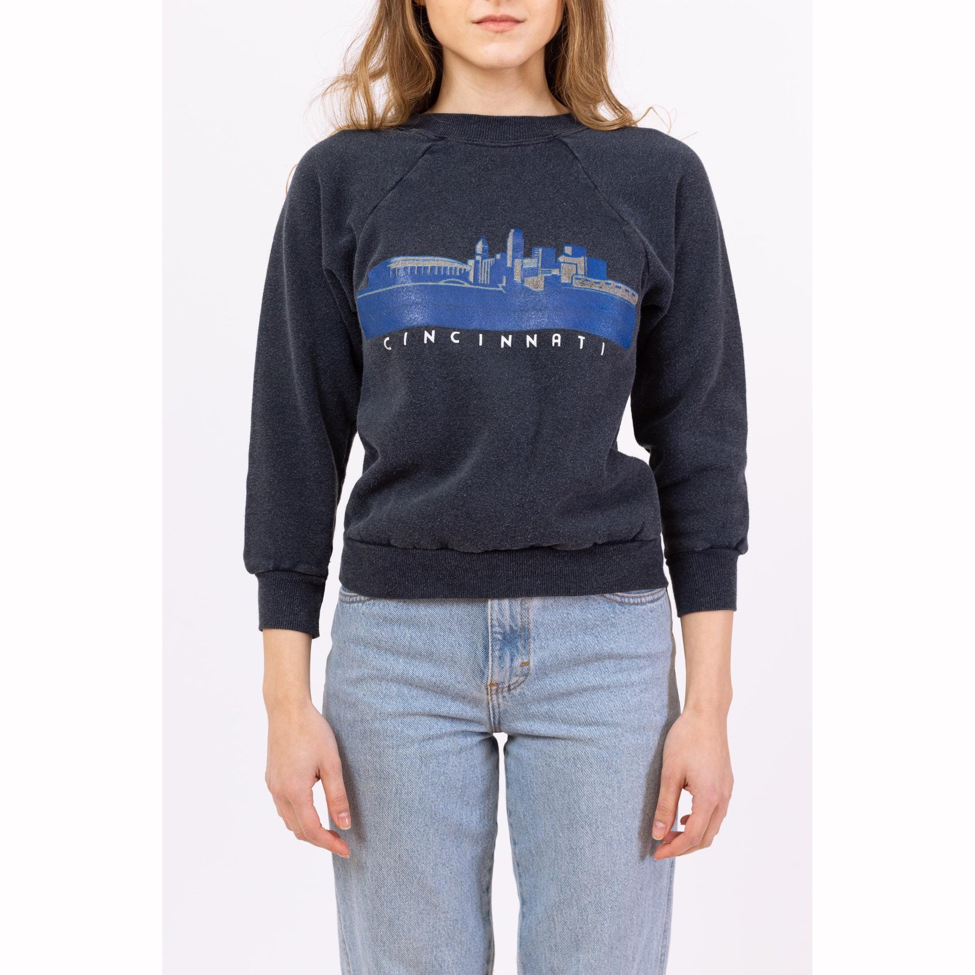 Vintage 80s Cincinnati Ohio City Skyline Tourist Sweatshirt - XXS | Vintage Raglan Sleeve Graphic Crewneck Pullover
