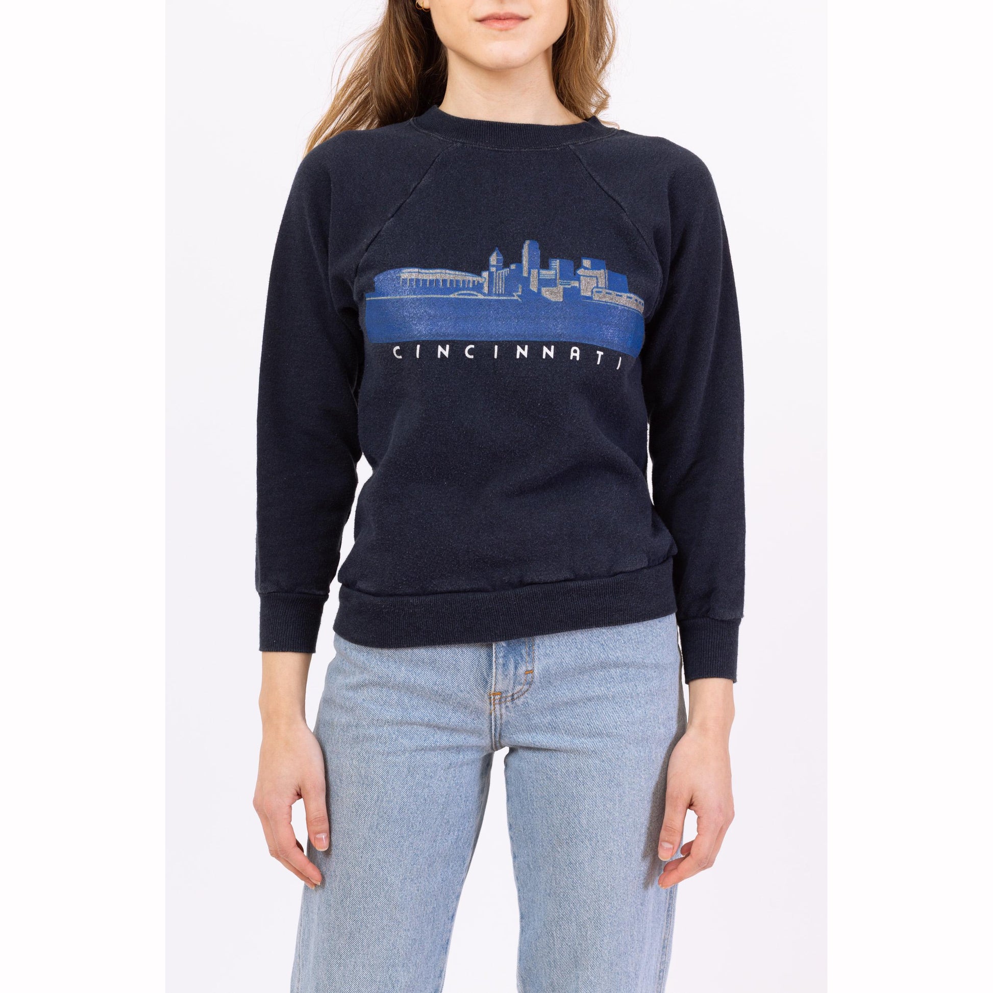 Vintage 80s Cincinnati Ohio City Skyline Tourist Sweatshirt - XXS | Vintage Raglan Sleeve Graphic Crewneck Pullover