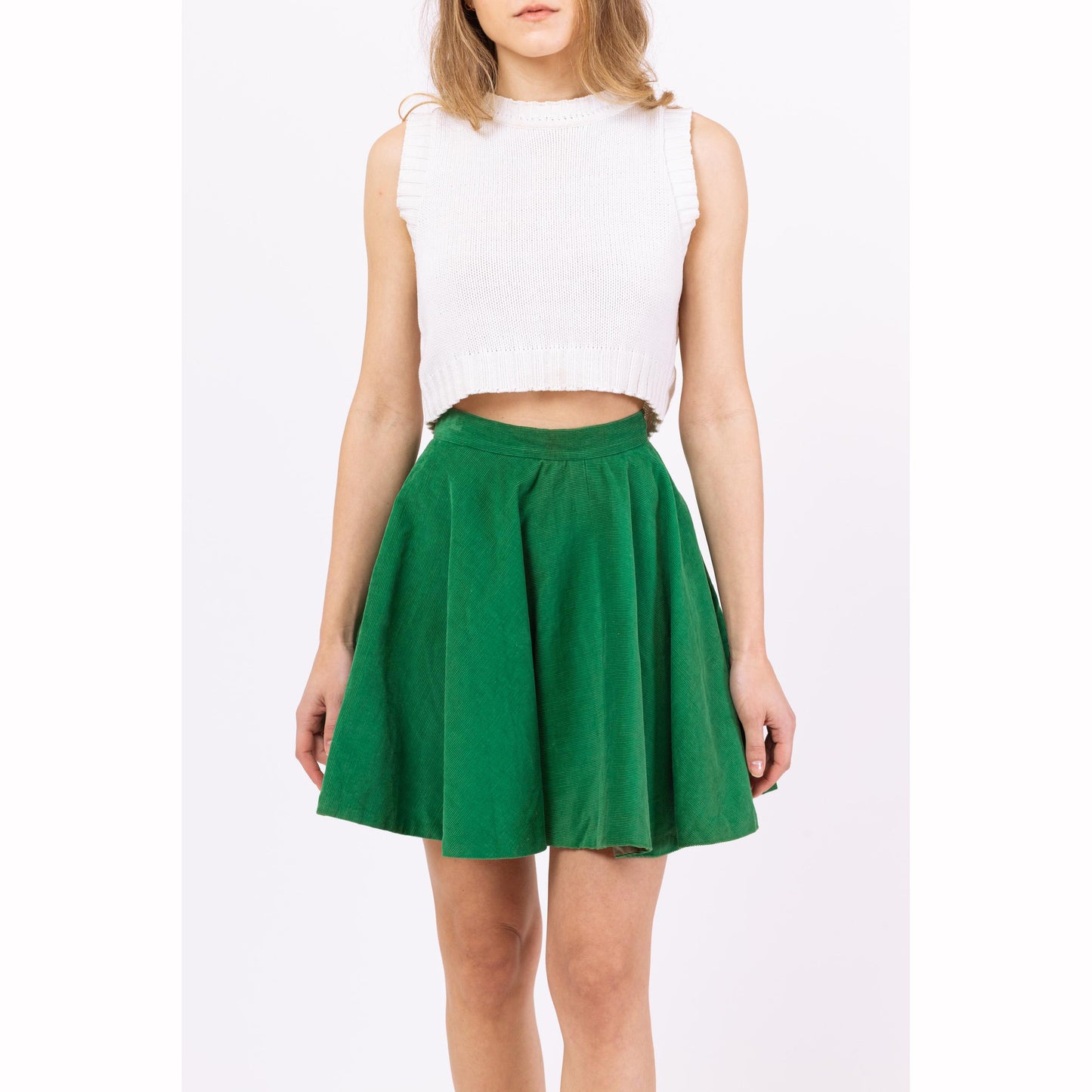 Vintage 60s Green Corduroy Mini Circle Skirt - XXS, 23" Waist | Retro Majorette Uniform High Waisted Skater Miniskirt