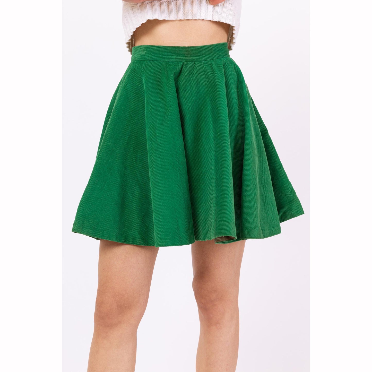 Vintage 60s Green Corduroy Mini Circle Skirt - XXS, 23" Waist | Retro Majorette Uniform High Waisted Skater Miniskirt