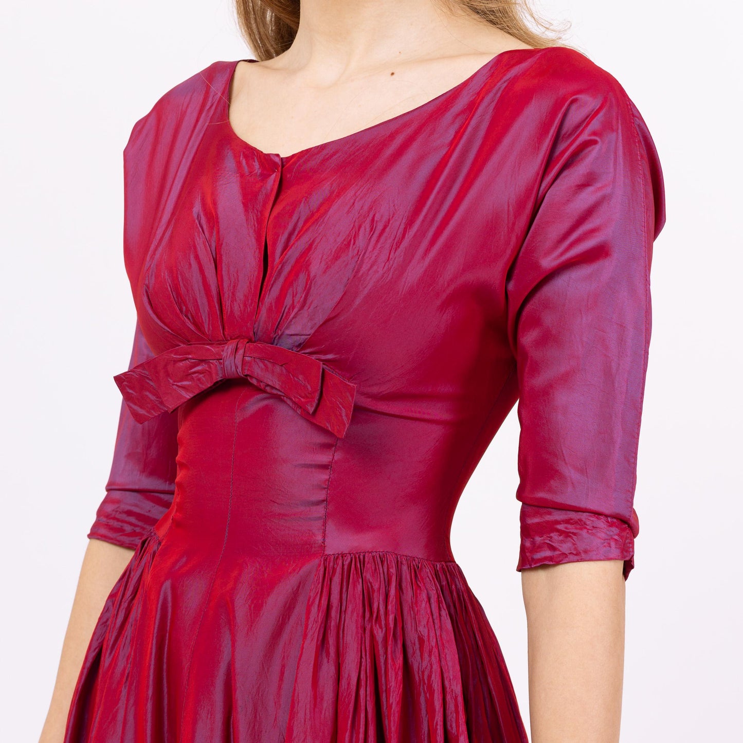 Vintage 1950s Magenta Luminescent Taffeta Evening Gown - XXS | 50s Old Hollywood Glam, Formal 3/4 Sleeve Maxi Party Dress