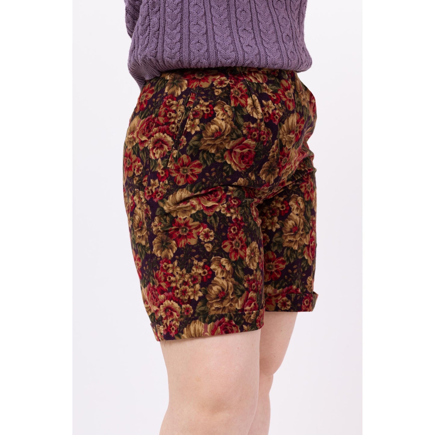 Vintage 90s Jewel Tone Floral Corduroy High Waisted Shorts - Medium, 29"-31" | Grunge Cuffed Pleated Long Shorts, Wide Leg Casual Shorts