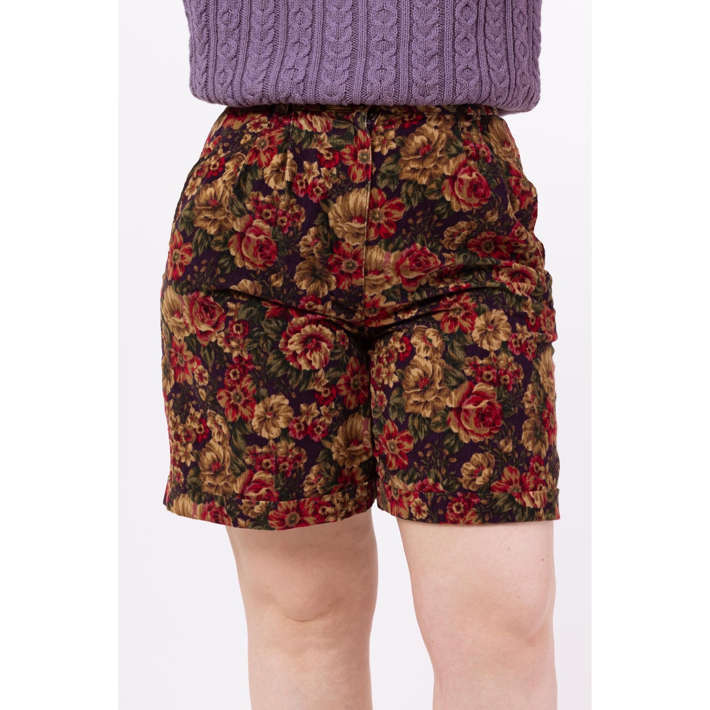 Vintage 90s Jewel Tone Floral Corduroy High Waisted Shorts - Medium, 29"-31" | Grunge Cuffed Pleated Long Shorts, Wide Leg Casual Shorts