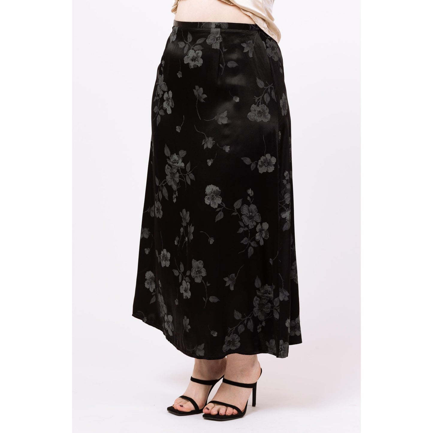 Vintage 90s Black & Grey Floral Satin Maxi Skirt - Large, 31.5" Waist | Boho A Line Long Skirt, Gothic Grunge Skirt