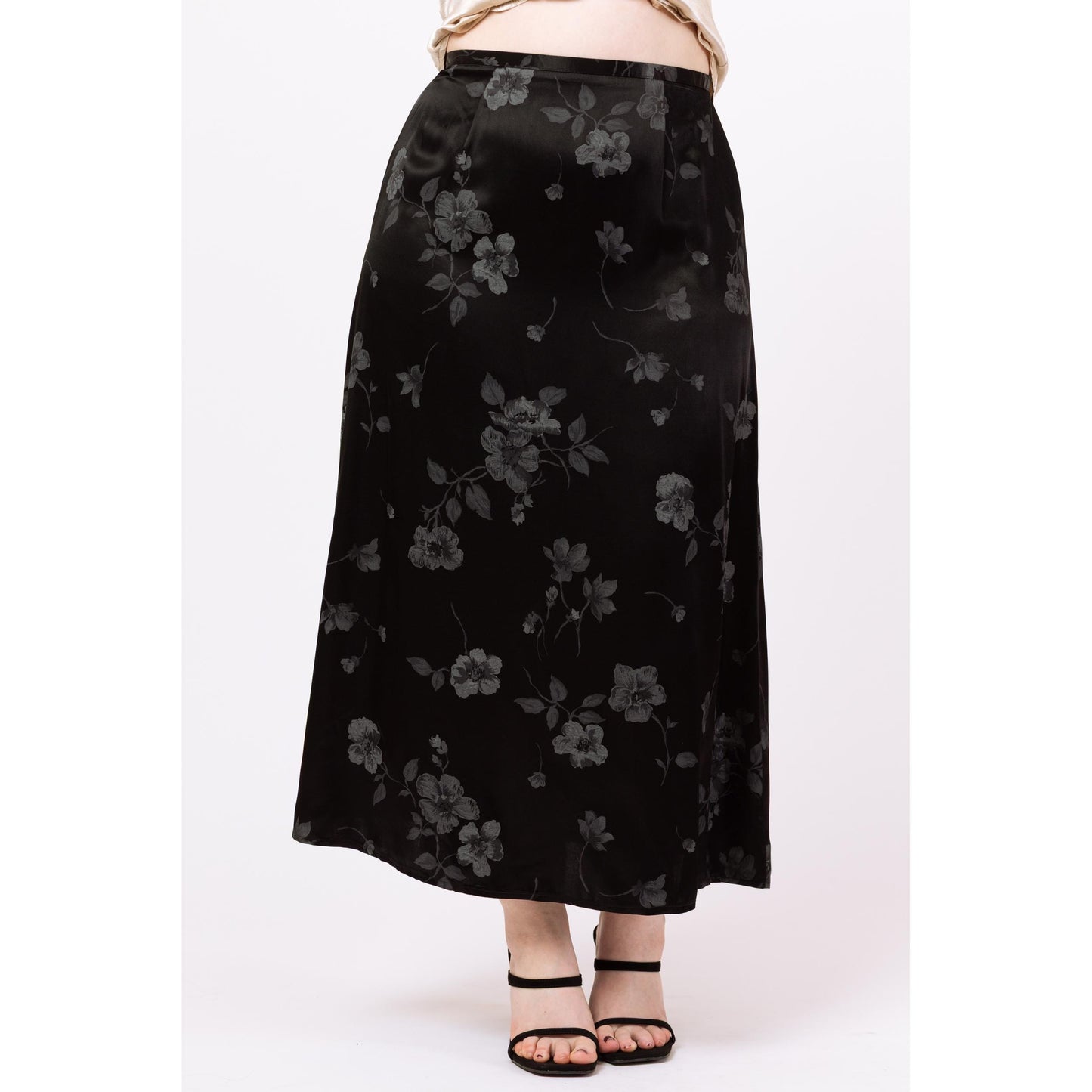 Vintage 90s Black & Grey Floral Satin Maxi Skirt - Large, 31.5" Waist | Boho A Line Long Skirt, Gothic Grunge Skirt