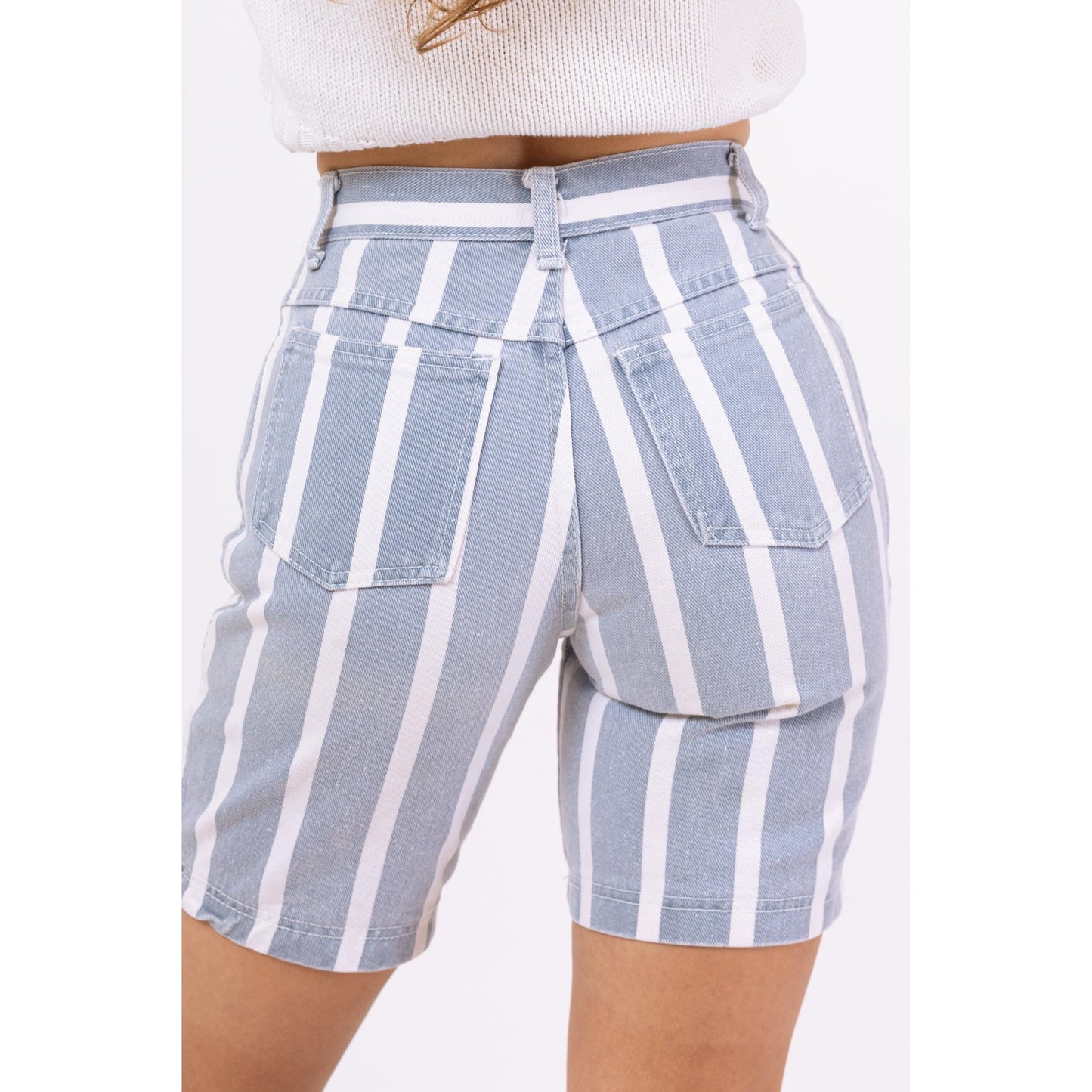 Vintage 80s Blue & White Striped Jean Shorts - XXS, 23" Waist | High Waisted Denim Bermuda Shorts, Streetwear Summer Shorts