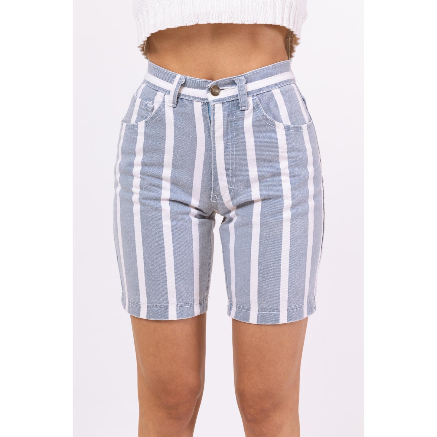 Vintage 80s Blue & White Striped Jean Shorts - XXS, 23" Waist | High Waisted Denim Bermuda Shorts, Streetwear Summer Shorts