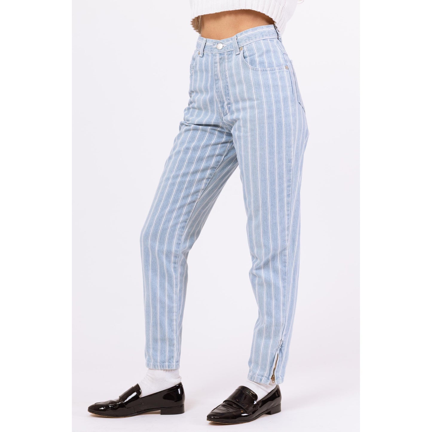 Vintage 80s Pinstriped High Waisted Jeans - Extra Small, 25" Waist | Light Blue Striped Denim Tapered Leg Casual Mom Jeans