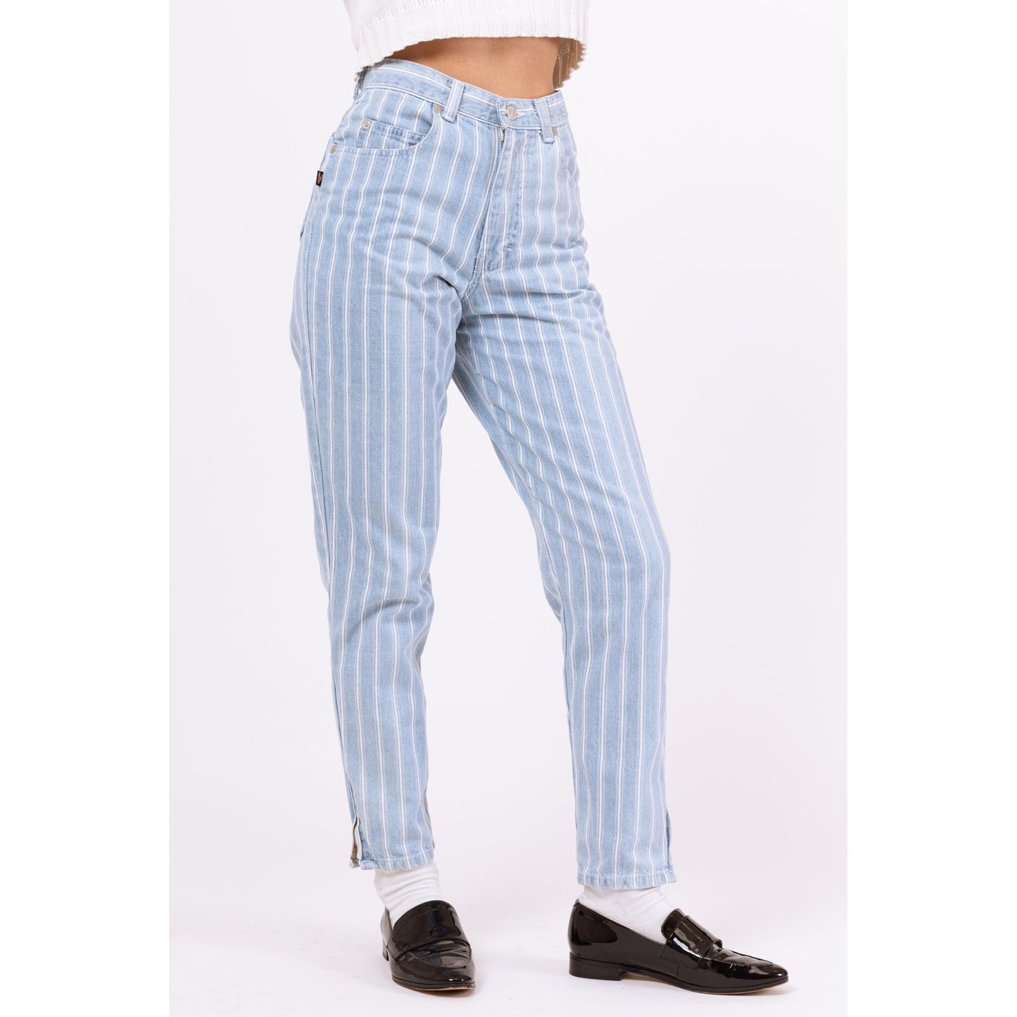 Vintage 80s Pinstriped High Waisted Jeans - Extra Small, 25" Waist | Light Blue Striped Denim Tapered Leg Casual Mom Jeans
