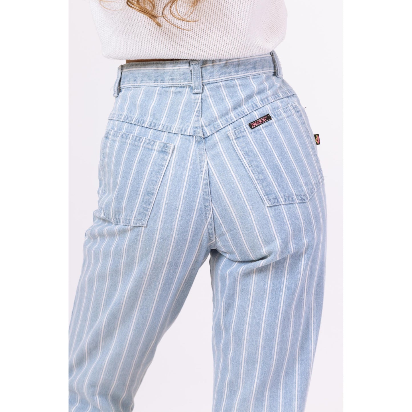 Vintage 80s Pinstriped High Waisted Jeans - Extra Small, 25" Waist | Light Blue Striped Denim Tapered Leg Casual Mom Jeans