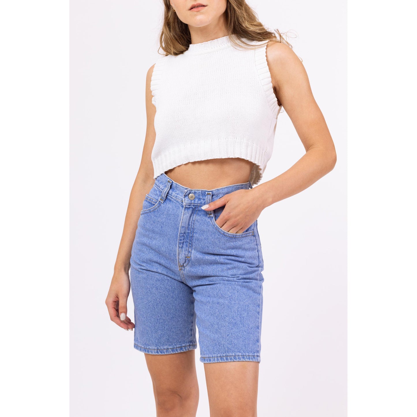 Vintage 90s Lee Bright Blue Jean Shorts - Extra Small, 24" Waist | Light Wash Denim Long Inseam Casual Summer Shorts