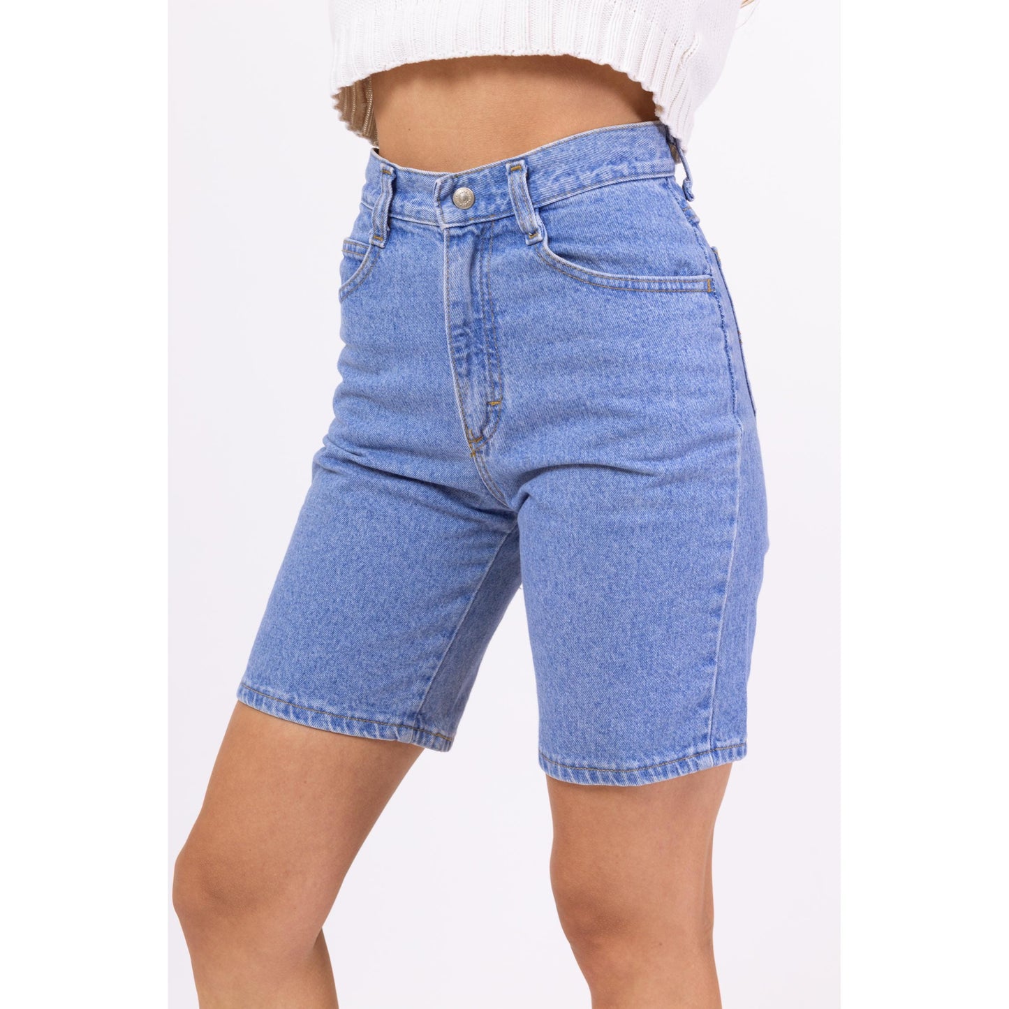 Vintage 90s Lee Bright Blue Jean Shorts - Extra Small, 24" Waist | Light Wash Denim Long Inseam Casual Summer Shorts