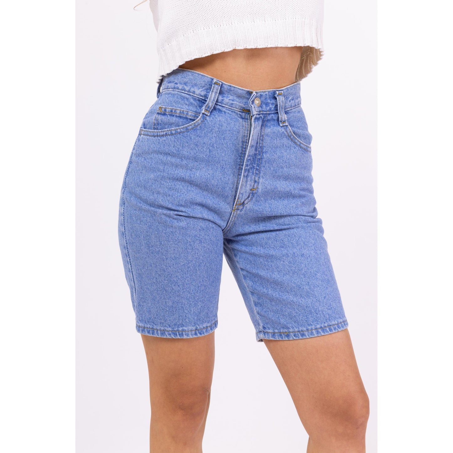 Vintage 90s Lee Bright Blue Jean Shorts - Extra Small, 24" Waist | Light Wash Denim Long Inseam Casual Summer Shorts