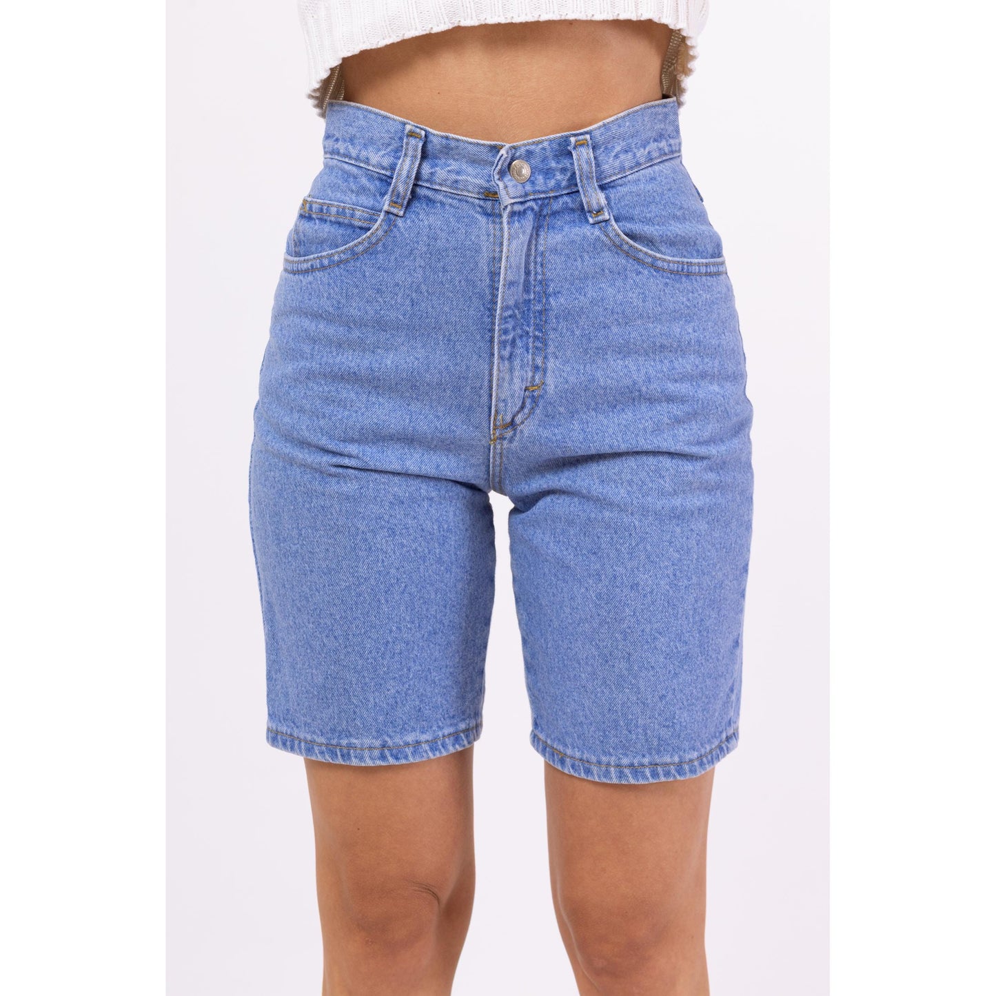 Vintage 90s Lee Bright Blue Jean Shorts - Extra Small, 24" Waist | Light Wash Denim Long Inseam Casual Summer Shorts