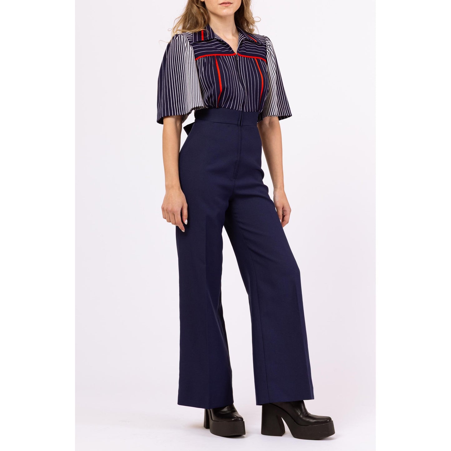 Vintage 70s Navy Blue Striped Disco Jumpsuit - Extra Small | Retro Flutter Sleeve Flared Leg One Piece Outfit Pantsuit