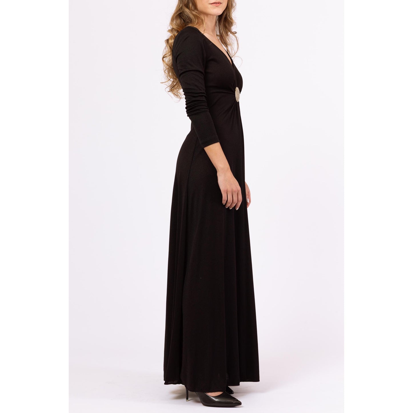 Vintage 70s Black Rhinestone Waist Formal Maxi Dress - XXS | Long Sleeve Jeweled A Line V Neck Disco Hostess Evening Gown