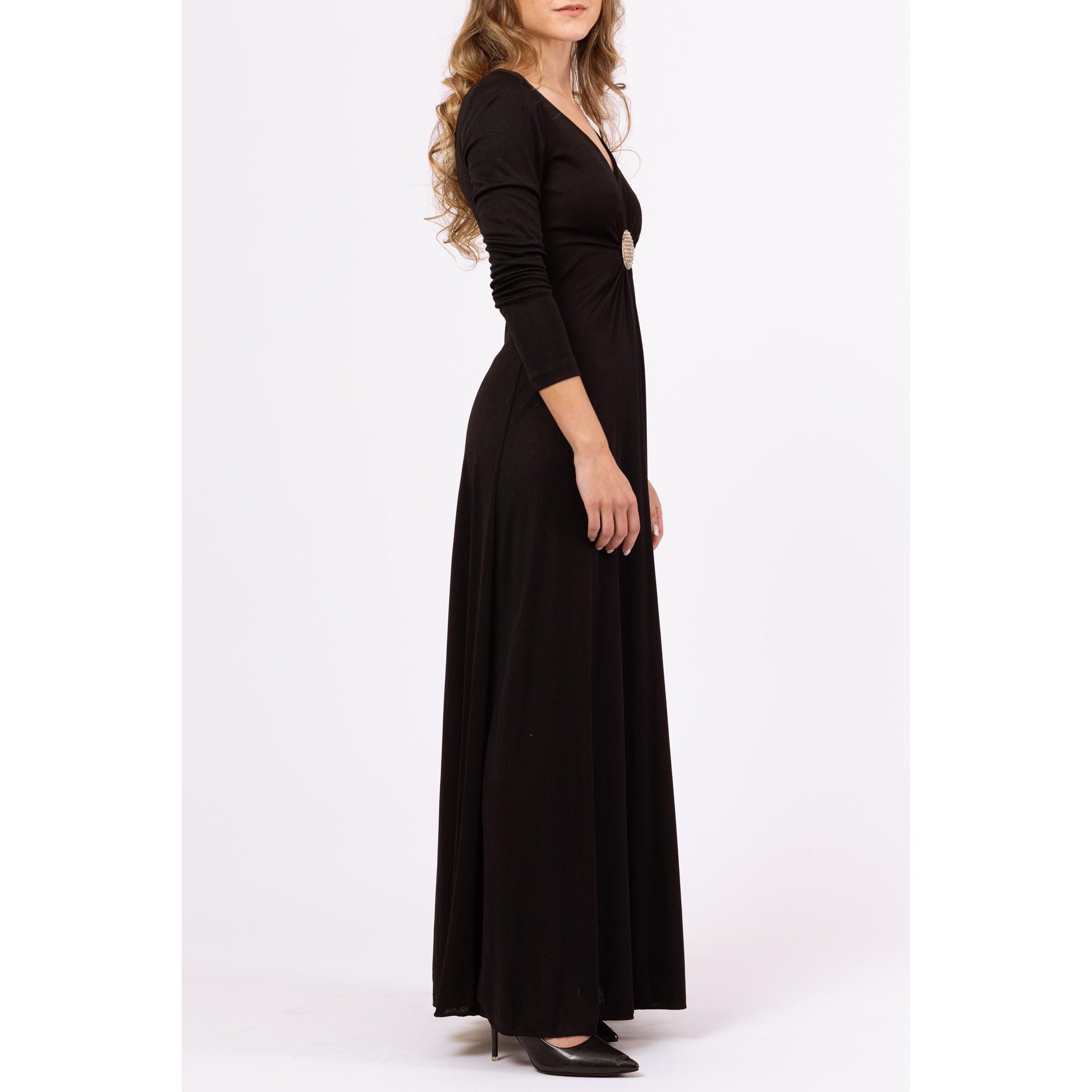 Vintage 70s Black Rhinestone Waist Formal Maxi Dress - XXS | Long Sleeve Jeweled A Line V Neck Disco Hostess Evening Gown