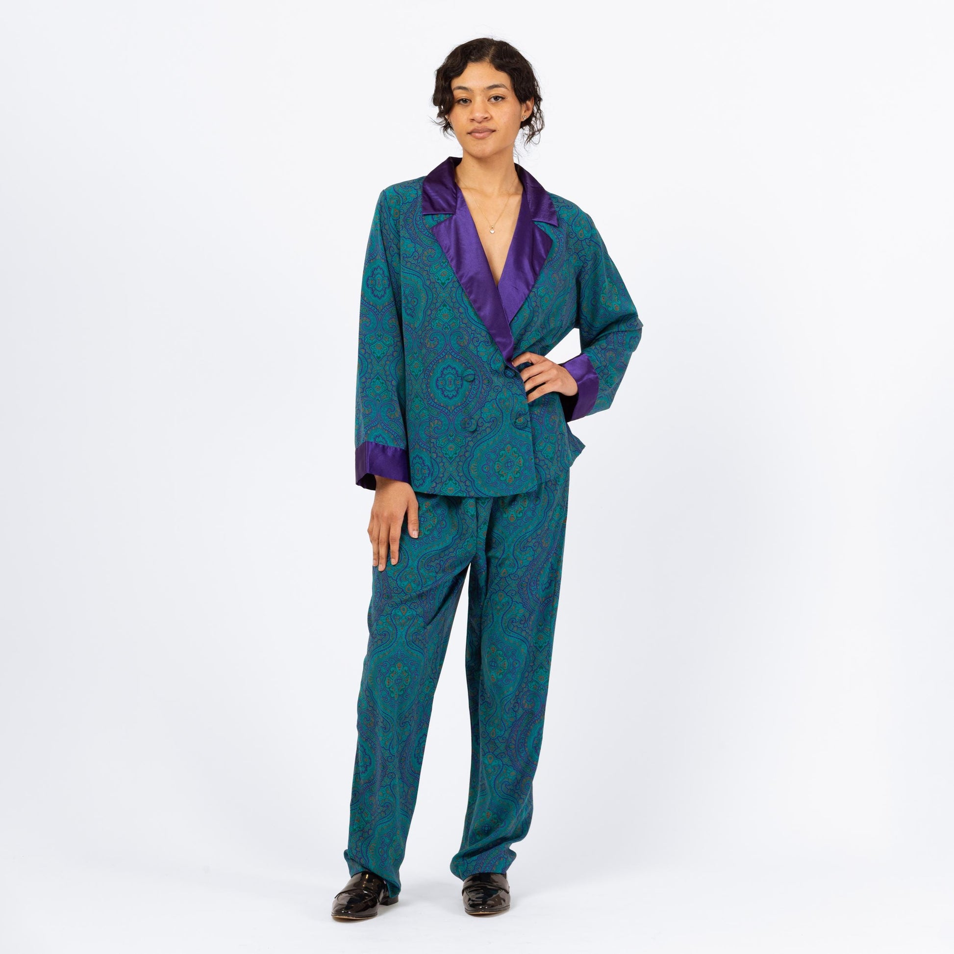 Vintage 90s Victoria's Secret Pajama Shirt & Pants Set - Small | Teal Purple Paisley Satin Trim Loungewear, Matching Two Piece Outfit