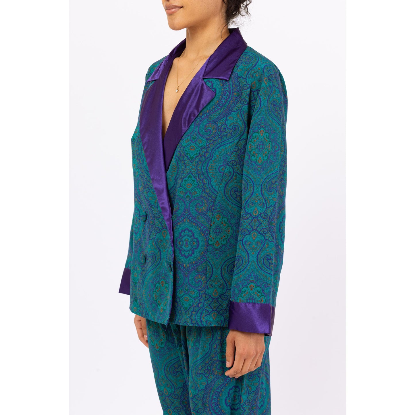 Vintage 90s Victoria's Secret Pajama Shirt & Pants Set - Small | Teal Purple Paisley Satin Trim Loungewear, Matching Two Piece Outfit