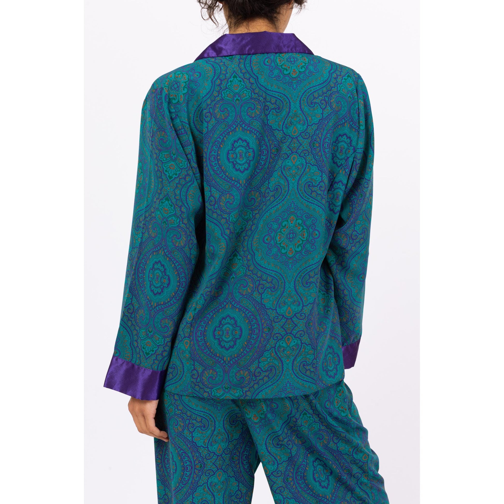 Vintage 90s Victoria's Secret Pajama Shirt & Pants Set - Small | Teal Purple Paisley Satin Trim Loungewear, Matching Two Piece Outfit