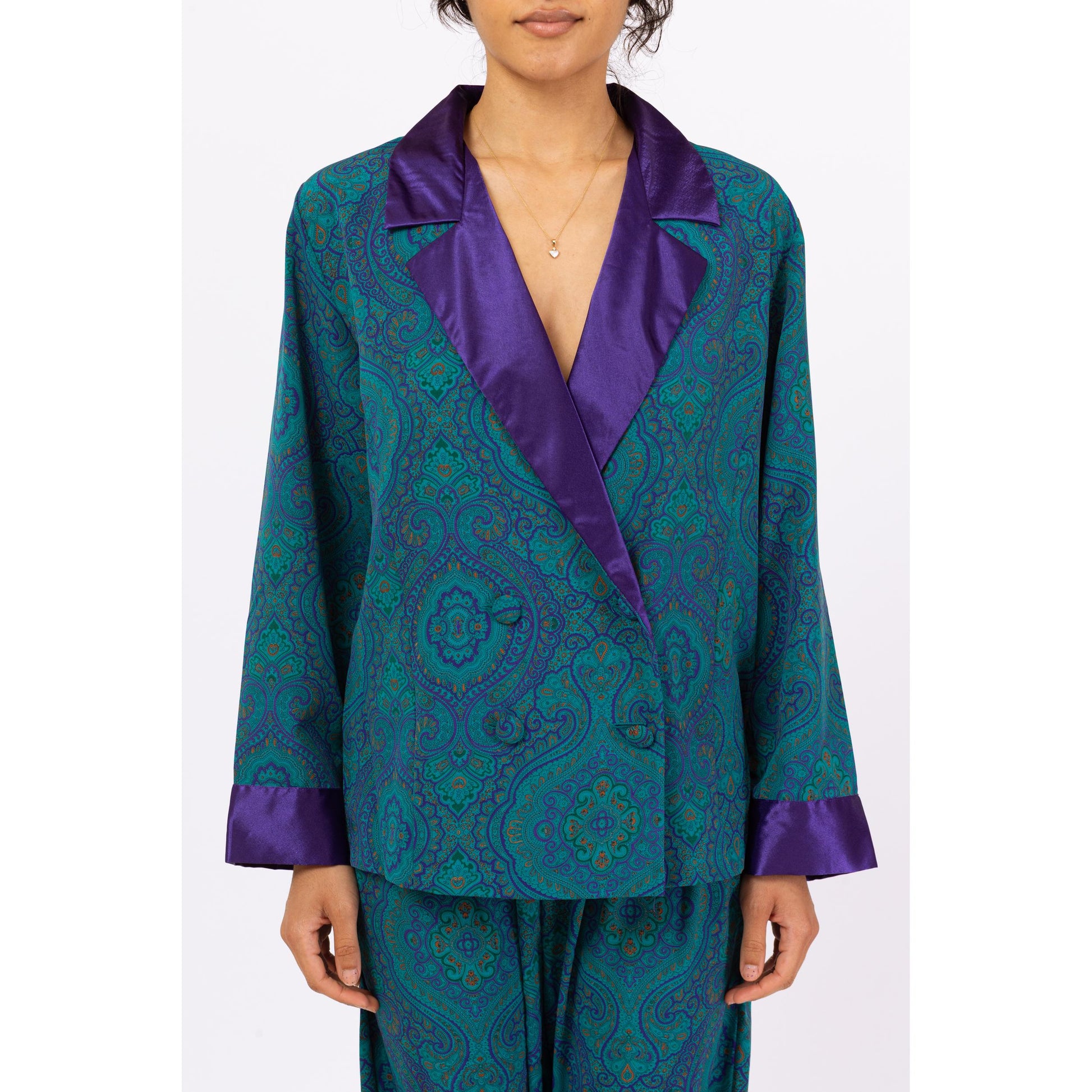 Vintage 90s Victoria's Secret Pajama Shirt & Pants Set - Small | Teal Purple Paisley Satin Trim Loungewear, Matching Two Piece Outfit
