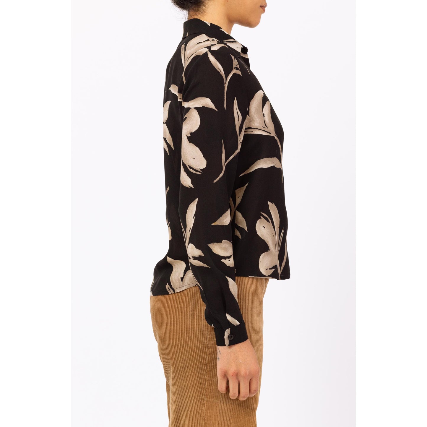 Vintage 90s Silk Black & Taupe Floral Blouse - Small | Long Sleeve Shirt, Collared Leaf Print Top