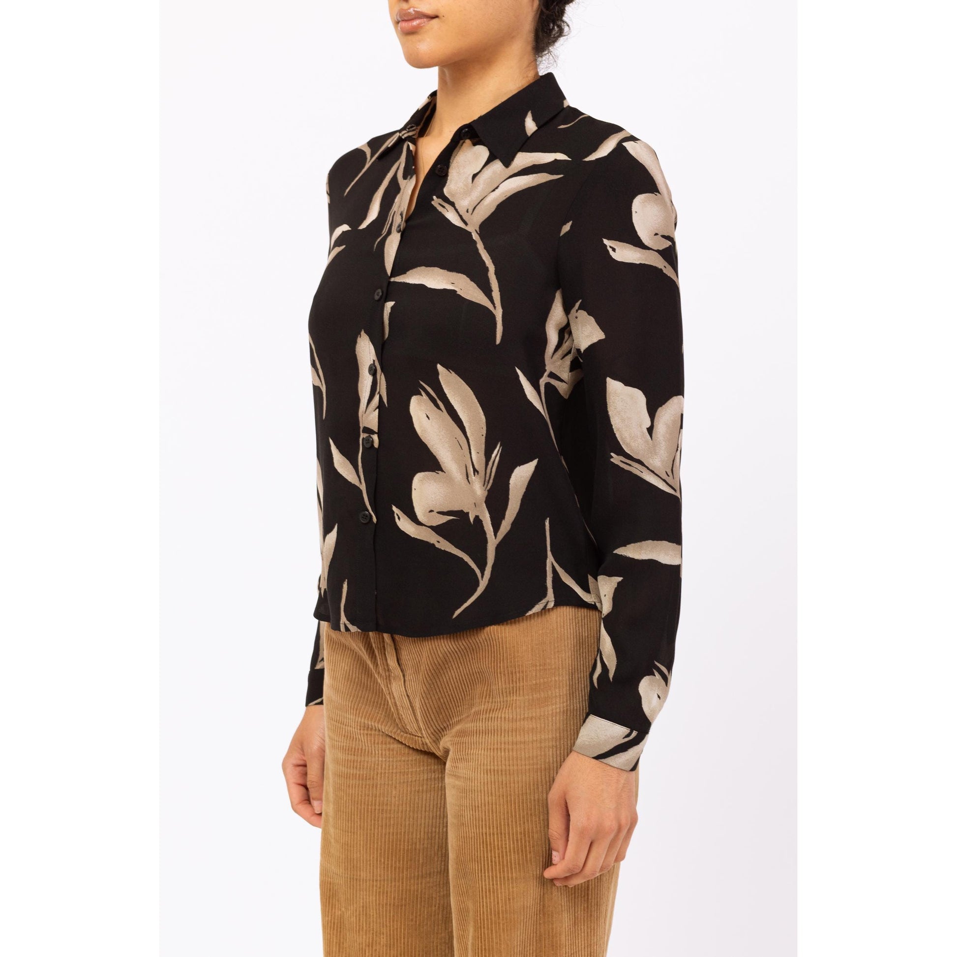 Vintage 90s Silk Black & Taupe Floral Blouse - Small | Long Sleeve Shirt, Collared Leaf Print Top