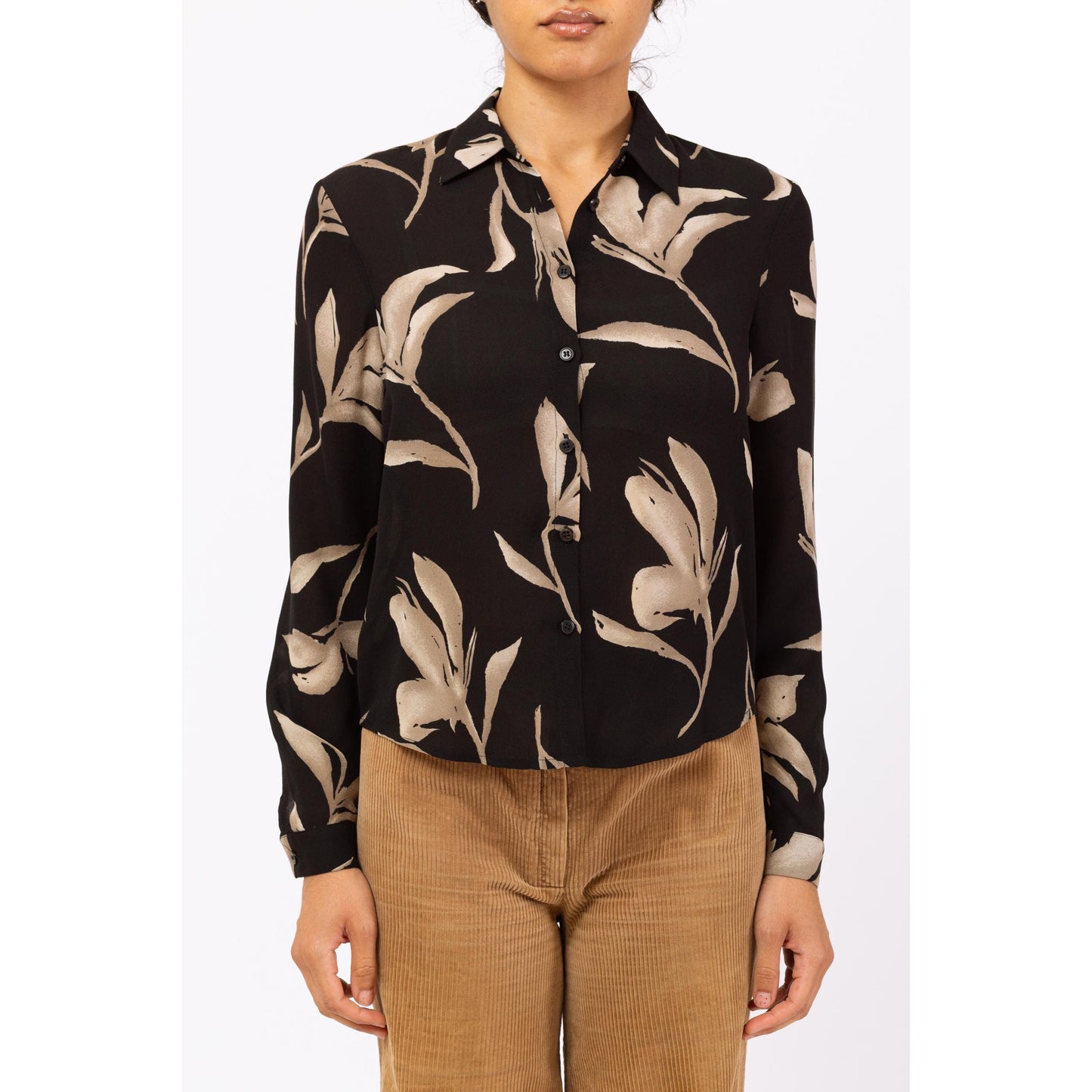 Vintage 90s Silk Black & Taupe Floral Blouse - Small | Long Sleeve Shirt, Collared Leaf Print Top