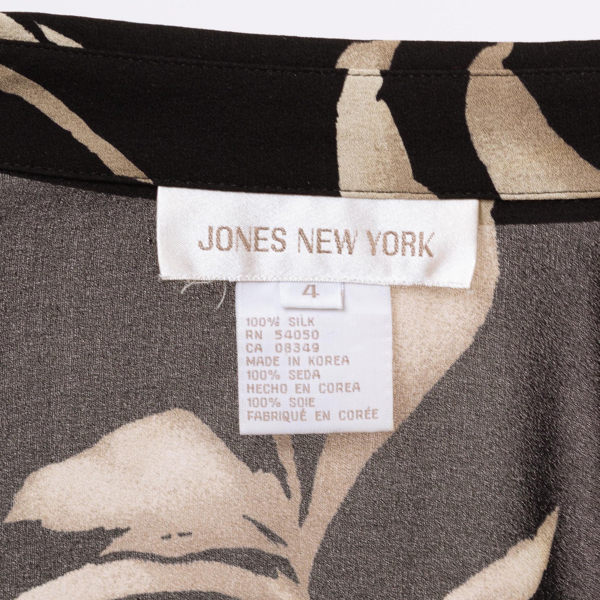 Vintage 90s Silk Black & Taupe Floral Blouse - Small | Long Sleeve Shirt, Collared Leaf Print Top