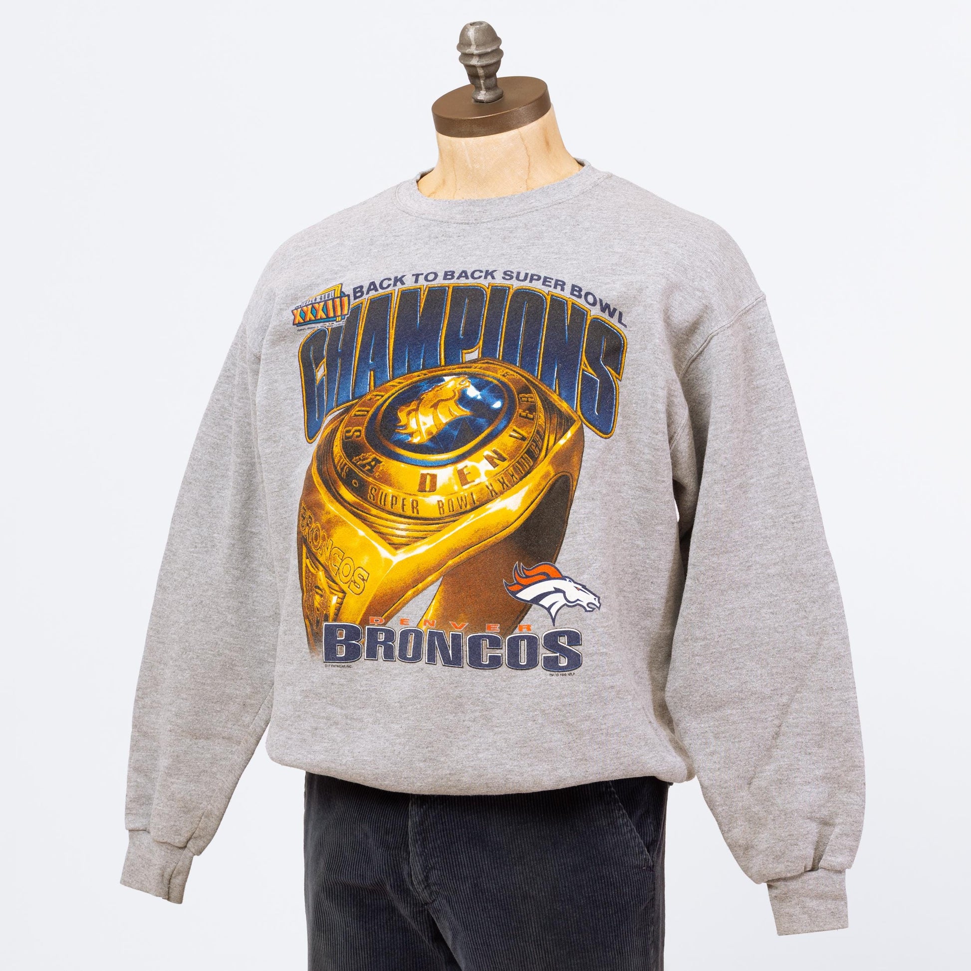 3 Vintage 90s Denver Broncos Super Bowl XXXIII NFL Sweatshirt - Large | 1999 Football Graphic Heather Gray Crewneck Pullover Sweater