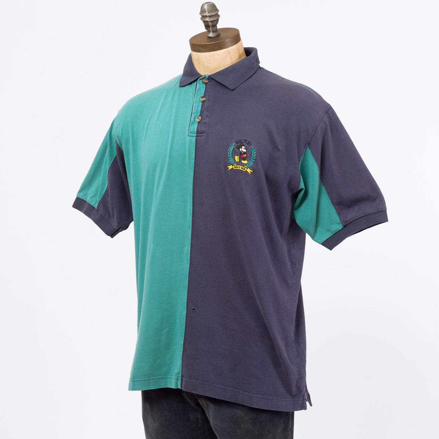 3 Vintage 90s Mickey Mouse Color Block Polo Shirt - Large | Blue Green Collared Disney Cartoon Streetwear Shirt