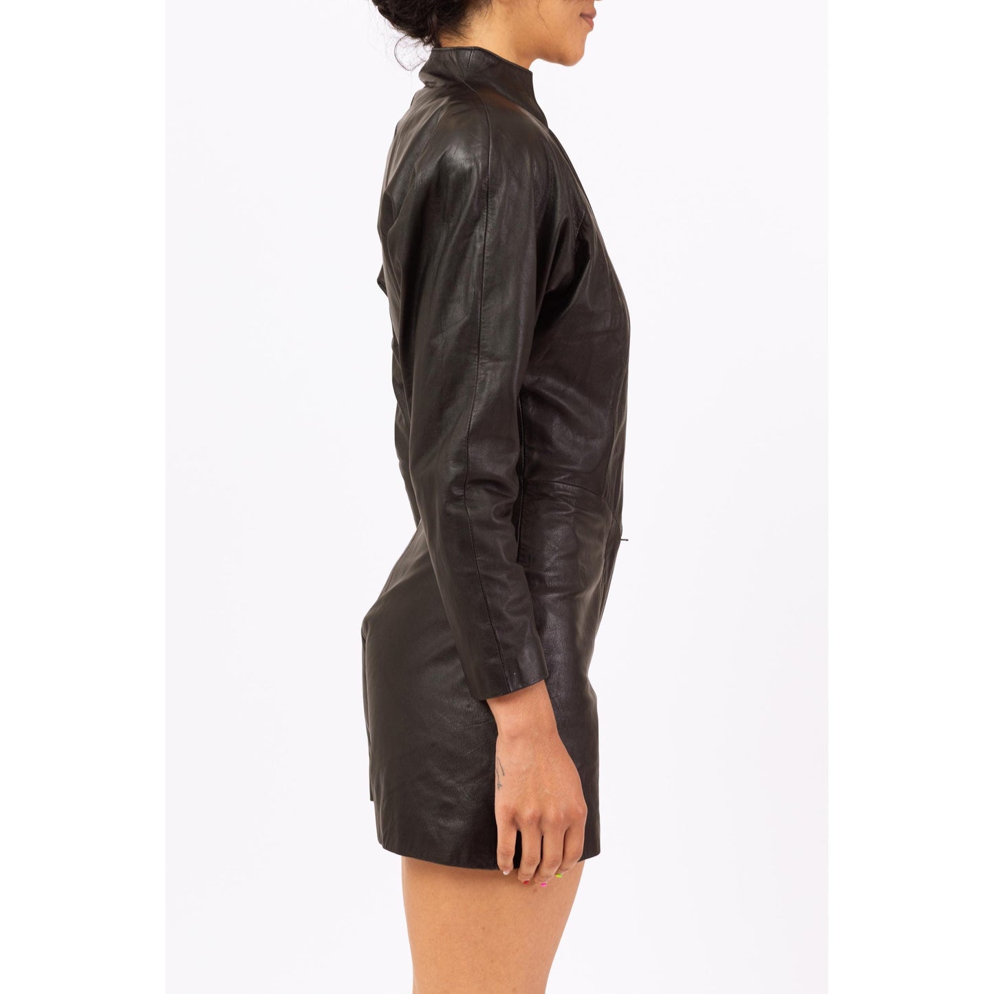 Vintage 80s Black Leather Biker Chic Romper - Small | V Neck Belted Short Moto Jumpsuit, Futuristic Goth Punk Outfit
