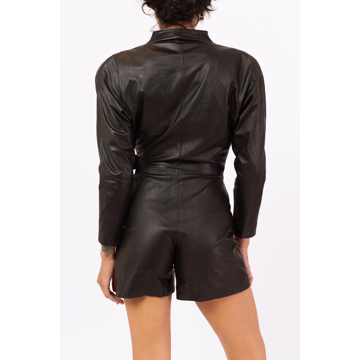 Vintage 80s Black Leather Biker Chic Romper - Small | V Neck Belted Short Moto Jumpsuit, Futuristic Goth Punk Outfit