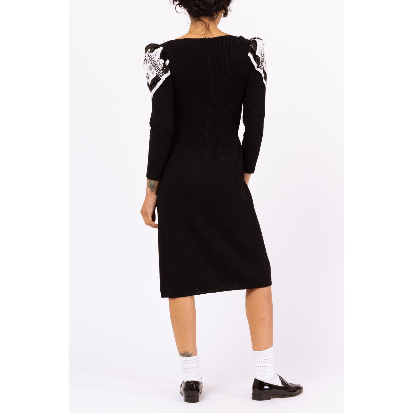 Vintage 80s Pat Sandler Black & White Beaded Knit Midi Sweater Dress - Small to Medium | Designer Long Sleeve Glam Formal Cocktail Dress