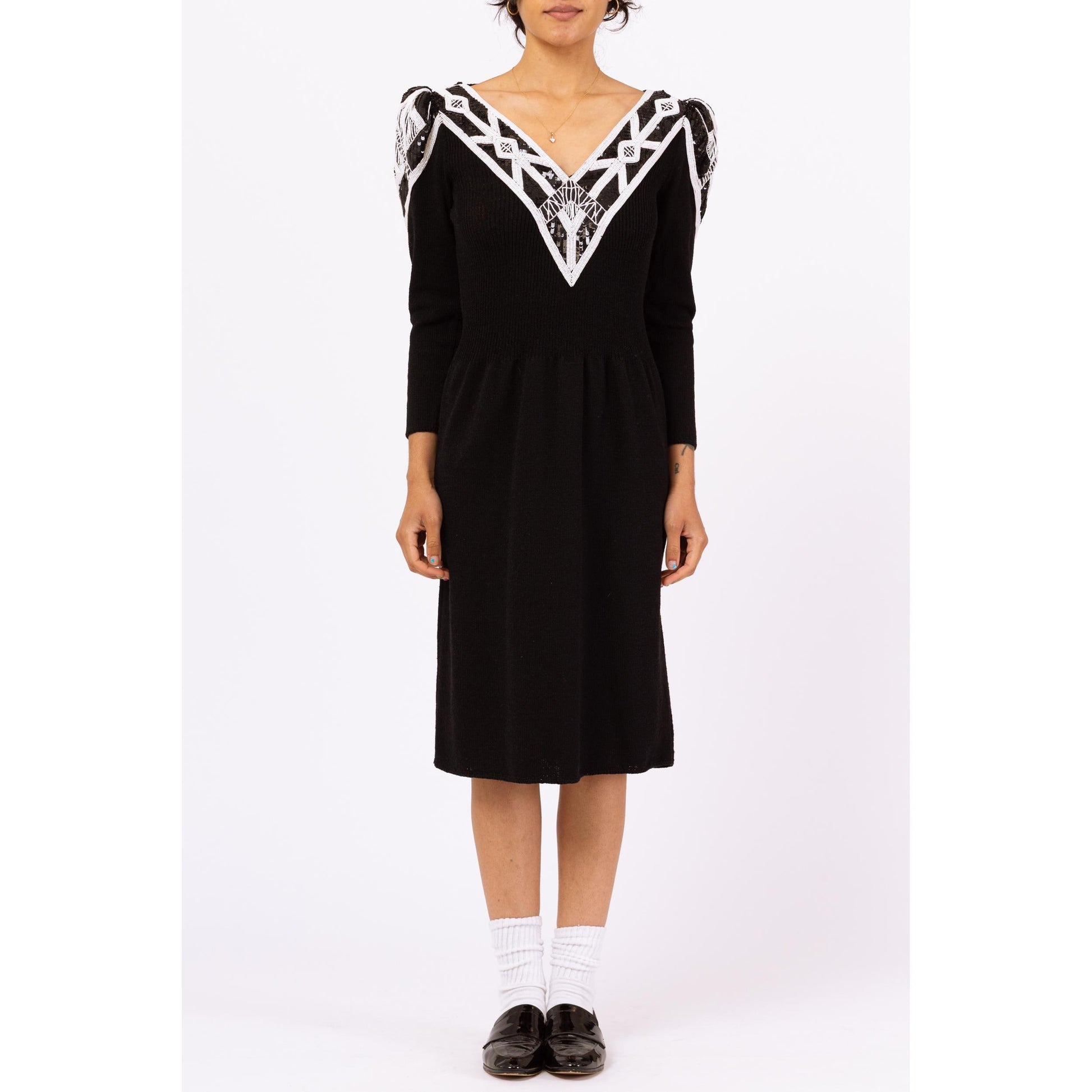 Vintage 80s Pat Sandler Black & White Beaded Knit Midi Sweater Dress - Small to Medium | Designer Long Sleeve Glam Formal Cocktail Dress